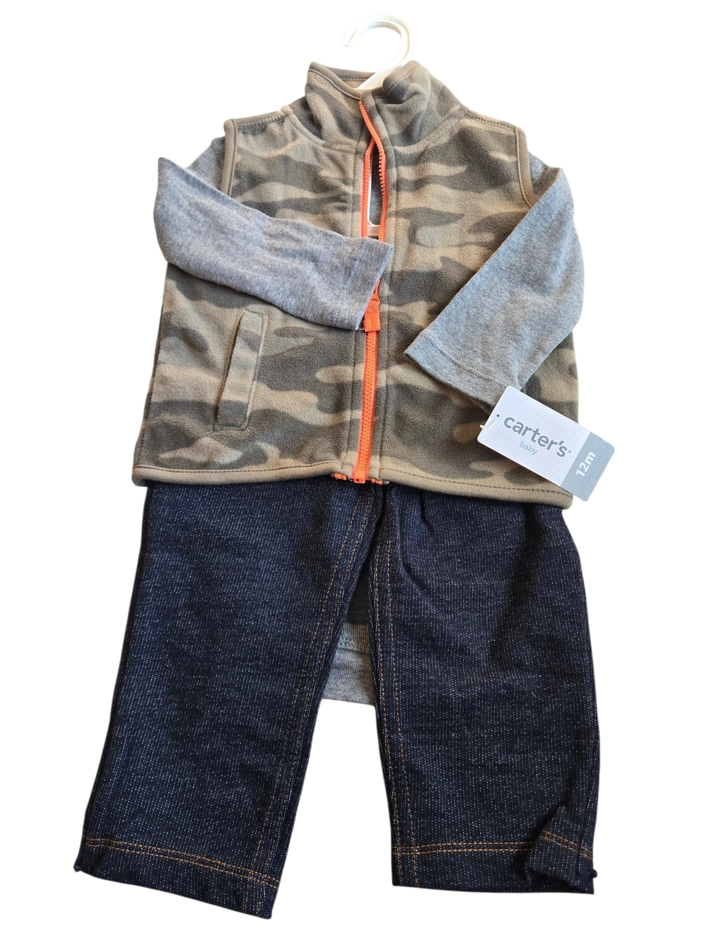 Carters Infant Boys 12 Mo Camo Baby Outfit Gray Bodysuit Camo Vest & Pant Set